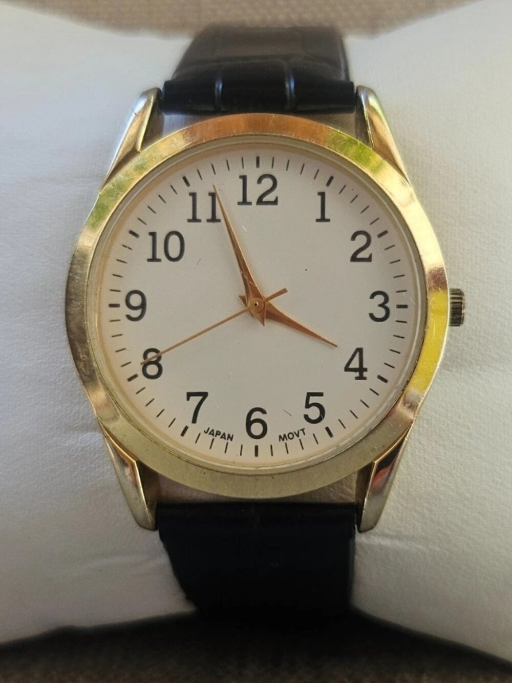 Men Wristwatch Gold Tone Case Analog Quartz Black Strap Wrist Watch Japan Movt